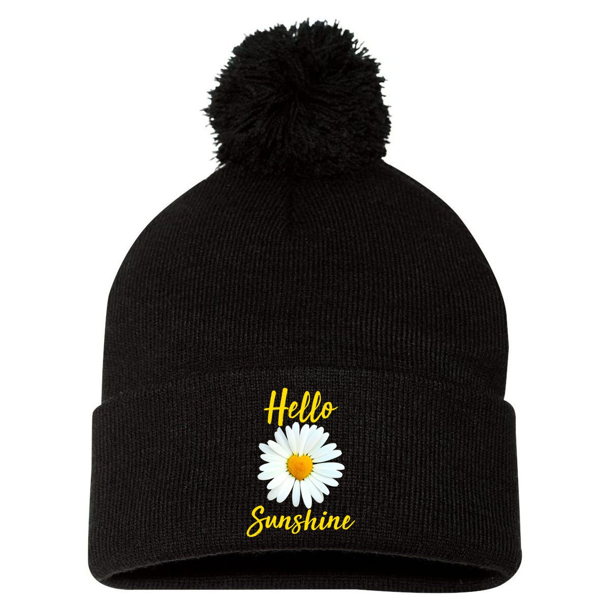 Cute Hello Sunshine Heart Daisy Flower Pom Pom 12in Knit Beanie