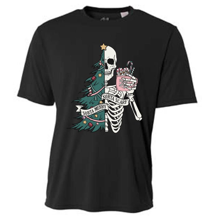 Christmas Horror Skeleton Sorta Merry Scary Dark Humor Cooling Performance Crew T-Shirt