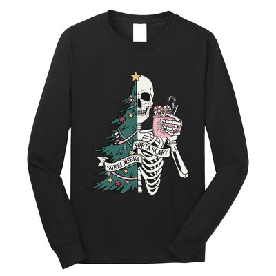 Christmas Horror Skeleton Sorta Merry Scary Dark Humor Long Sleeve Shirt