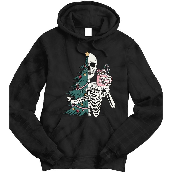 Christmas Horror Skeleton Sorta Merry Scary Dark Humor Tie Dye Hoodie