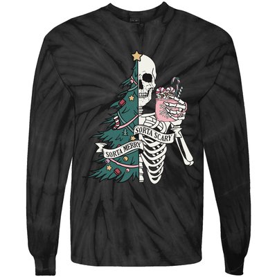 Christmas Horror Skeleton Sorta Merry Scary Dark Humor Tie-Dye Long Sleeve Shirt