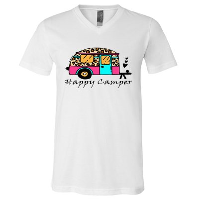 Camper Happy Summer Camp Camping Leopard Funny Glamping V-Neck T-Shirt