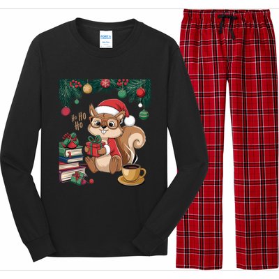 Cute Holiday Squirrel Santa Hat Xmas For Coffee Lovers Gift Long Sleeve Pajama Set