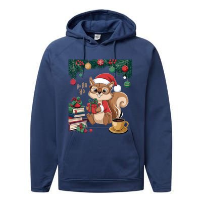 Cute Holiday Squirrel Santa Hat Xmas For Coffee Lovers Gift Performance Fleece Hoodie