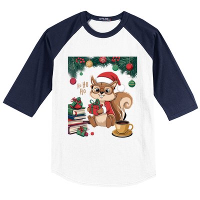 Cute Holiday Squirrel Santa Hat Xmas For Coffee Lovers Gift Baseball Sleeve Shirt