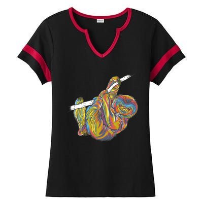 Colorful Hanging Sloth Ladies Halftime Notch Neck Tee