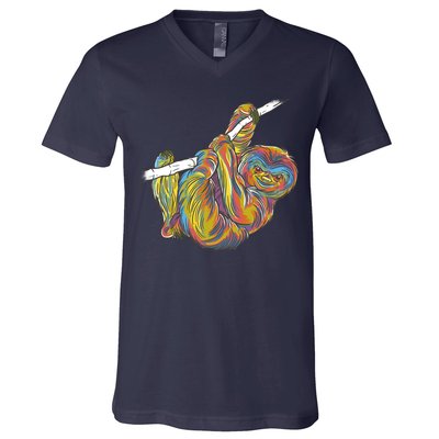 Colorful Hanging Sloth V-Neck T-Shirt