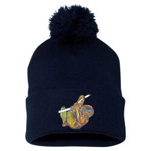 Colorful Hanging Sloth Pom Pom 12in Knit Beanie