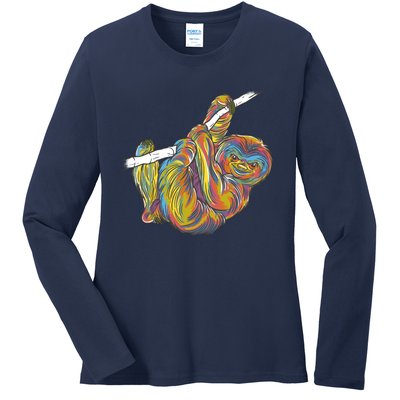 Colorful Hanging Sloth Ladies Long Sleeve Shirt