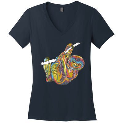 Colorful Hanging Sloth Women's V-Neck T-Shirt