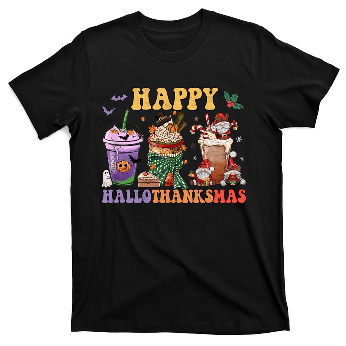 Coffee Halloween Thanksgiving Christmas Happy Hallothanksmas T-Shirt