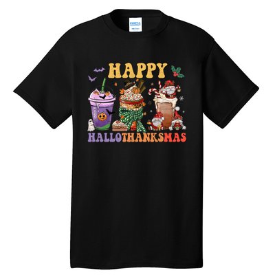 Coffee Halloween Thanksgiving Christmas Happy Hallothanksmas Tall T-Shirt