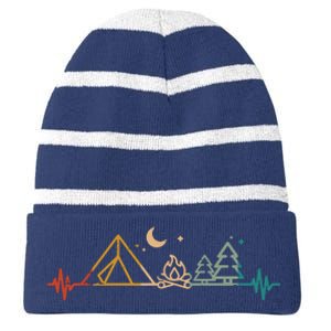 Camping Heartbeat Tent Campfire Trees Camper Striped Beanie with Solid Band