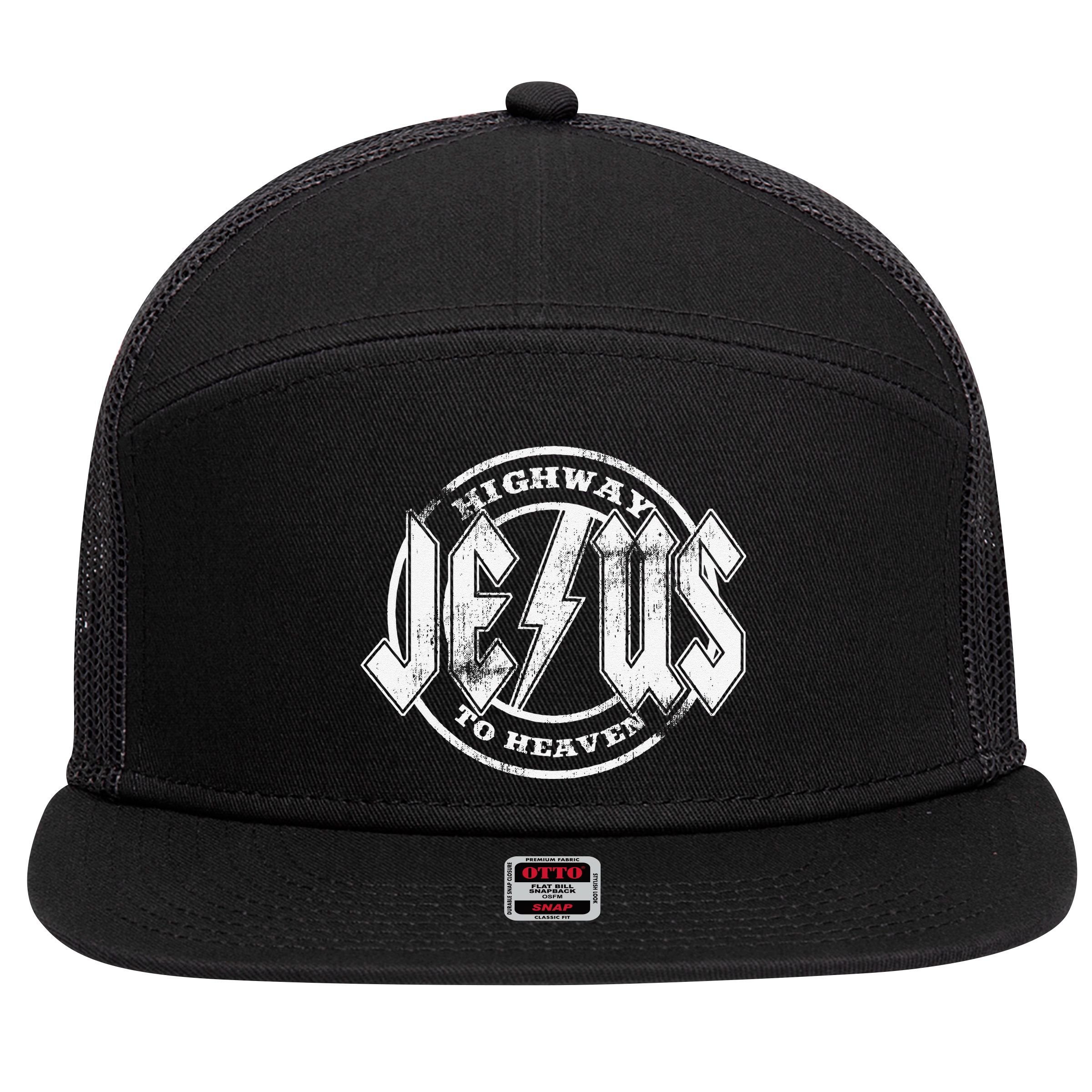 Christian Highway To Heaven Rock N Roll Jesus 7 Panel Mesh Trucker Snapback Hat