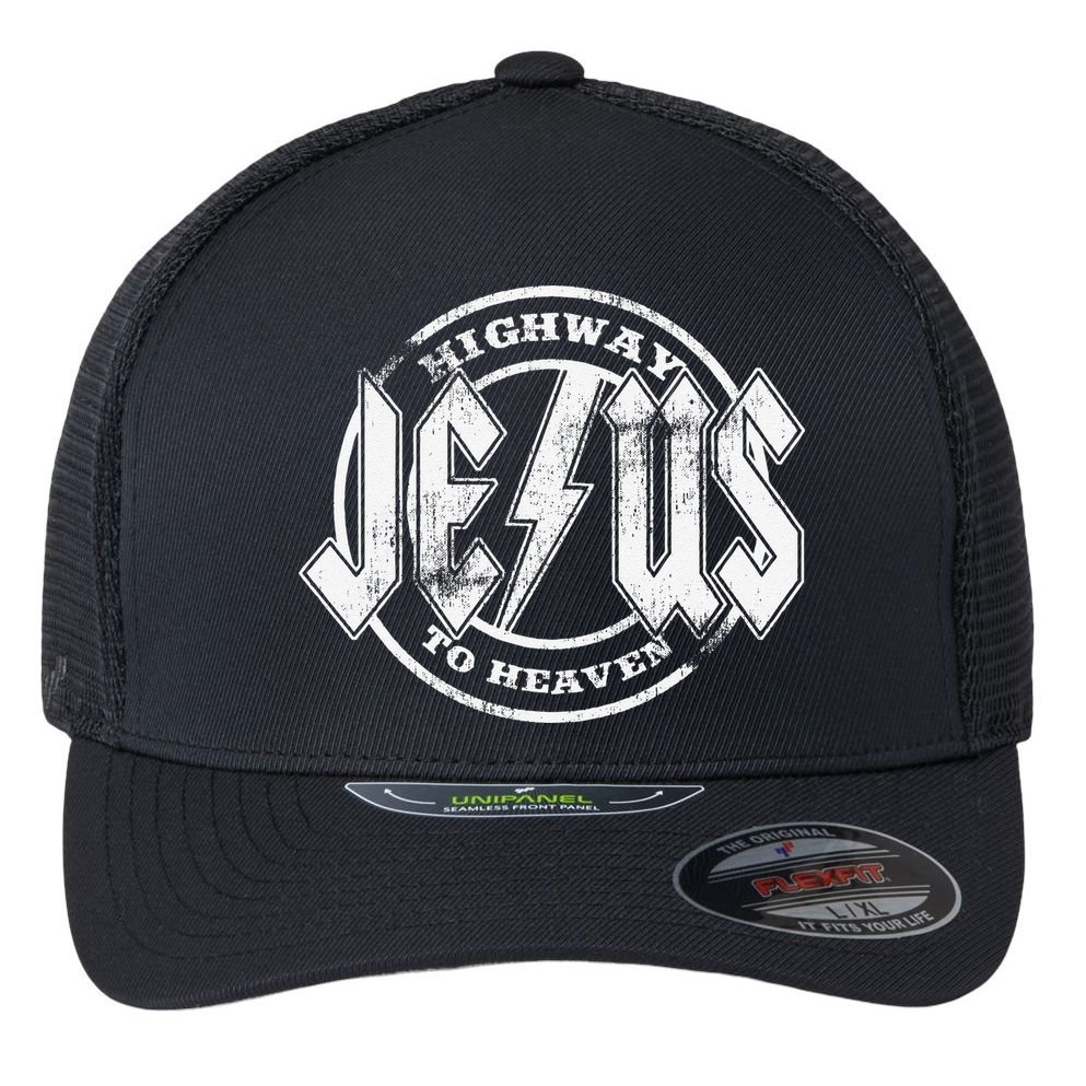 Christian Highway To Heaven Rock N Roll Jesus Flexfit Unipanel Trucker Cap