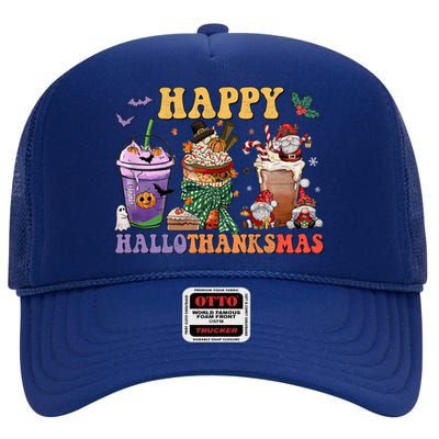 Coffee Halloween Thanksgiving Christmas Happy Hallothanksmas Cute Gift High Crown Mesh Back Trucker Hat