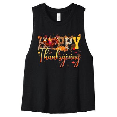 Cute Happy Thanksgiving Turkey Day Fall Autumn Family Dinner Women's Racerback Cropped Tank