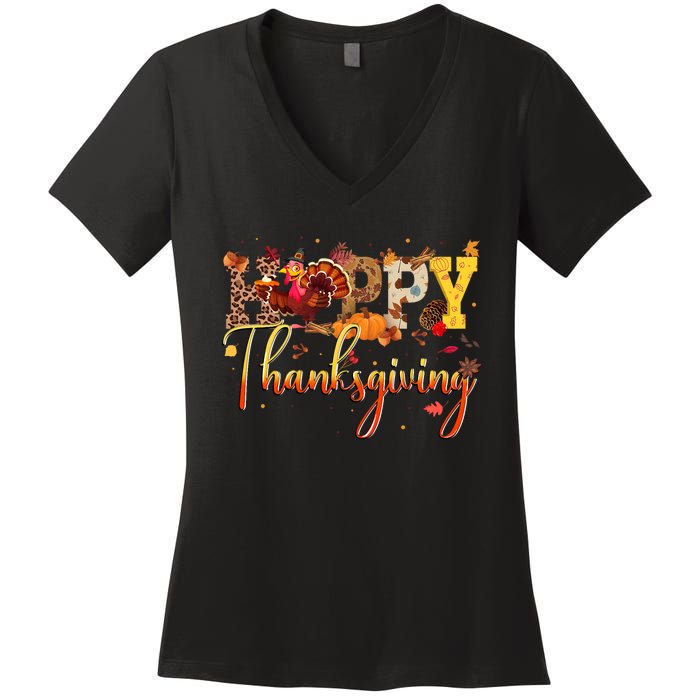 Cute Happy Thanksgiving Turkey Day Fall Autumn Family Dinner Women's V-Neck T-Shirt