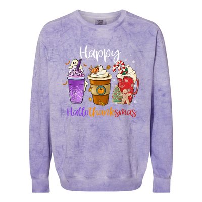 Coffee Halloween Thanksgiving Christmas Happy Hallothanksmas Gift Colorblast Crewneck Sweatshirt