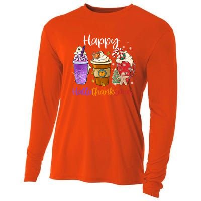 Coffee Halloween Thanksgiving Christmas Happy Hallothanksmas Gift Cooling Performance Long Sleeve Crew