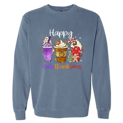 Coffee Halloween Thanksgiving Christmas Happy Hallothanksmas Gift Garment-Dyed Sweatshirt