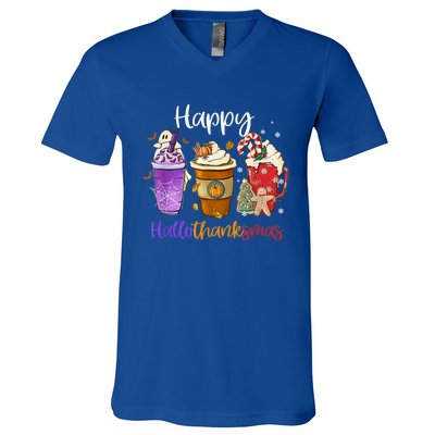 Coffee Halloween Thanksgiving Christmas Happy Hallothanksmas Gift V-Neck T-Shirt