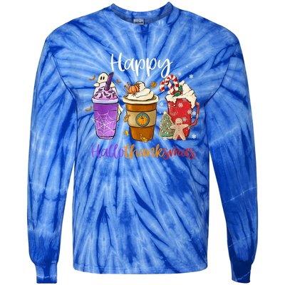 Coffee Halloween Thanksgiving Christmas Happy Hallothanksmas Gift Tie-Dye Long Sleeve Shirt