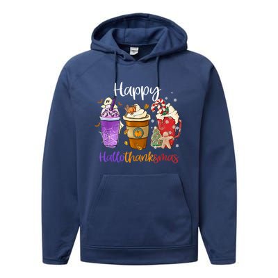 Coffee Halloween Thanksgiving Christmas Happy Hallothanksmas Gift Performance Fleece Hoodie