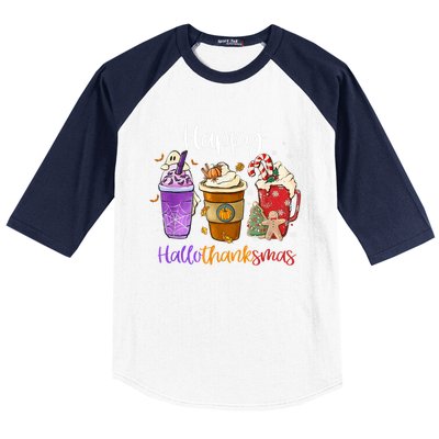 Coffee Halloween Thanksgiving Christmas Happy Hallothanksmas Gift Baseball Sleeve Shirt