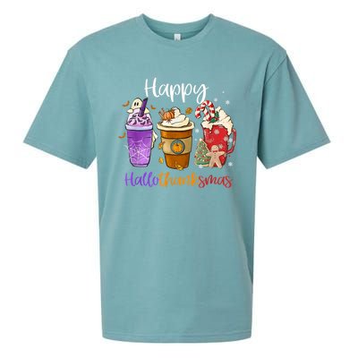 Coffee Halloween Thanksgiving Christmas Happy Hallothanksmas Gift Sueded Cloud Jersey T-Shirt