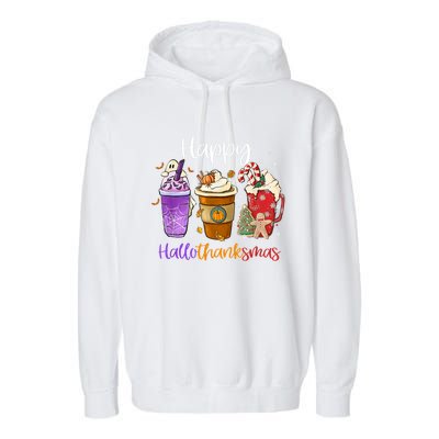 Coffee Halloween Thanksgiving Christmas Happy Hallothanksmas Gift Garment-Dyed Fleece Hoodie