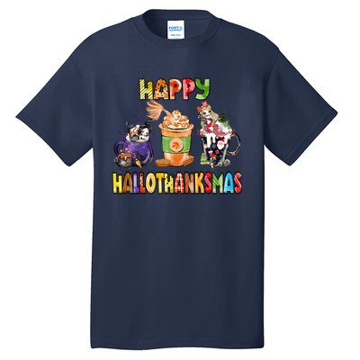 Coffee Halloween Thanksgiving Christmas Happy Hallothanksmas Tall T-Shirt