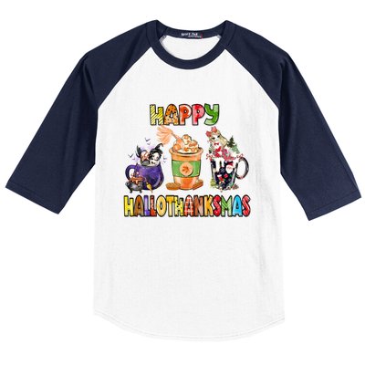 Coffee Halloween Thanksgiving Christmas Happy Hallothanksmas Baseball Sleeve Shirt