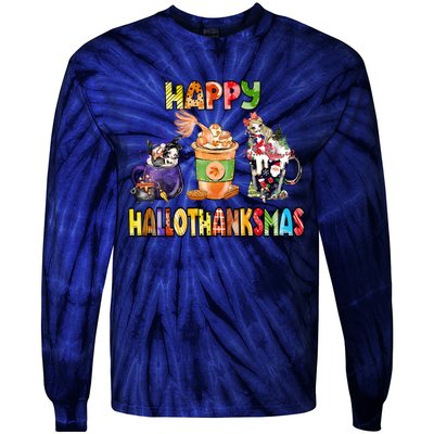 Coffee Halloween Thanksgiving Christmas Happy Hallothanksmas Tie-Dye Long Sleeve Shirt