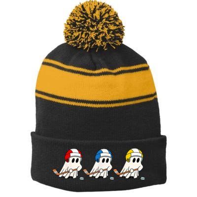 Cute Halloween Trick Or Treat Hockey Cute Ghost Funny Ice Hockey Gift Stripe Pom Pom Beanie