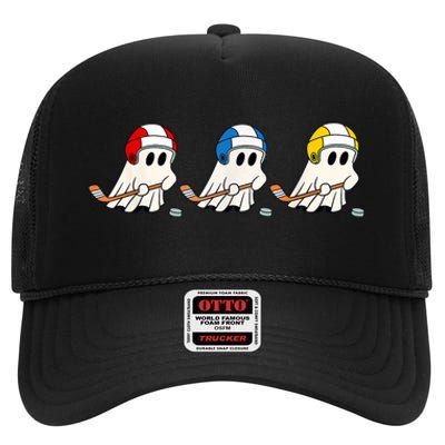 Cute Halloween Trick Or Treat Hockey Cute Ghost Funny Ice Hockey Gift High Crown Mesh Back Trucker Hat