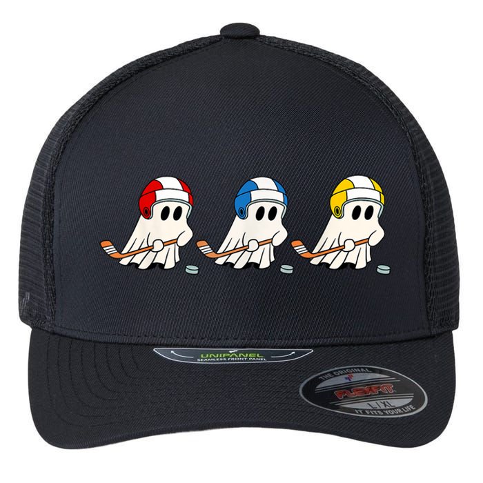 Cute Halloween Trick Or Treat Hockey Cute Ghost Funny Ice Hockey Gift Flexfit Unipanel Trucker Cap