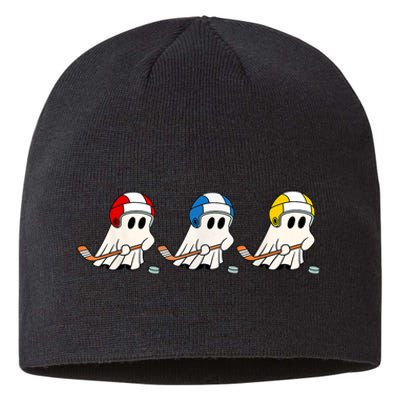 Cute Halloween Trick Or Treat Hockey Cute Ghost Funny Ice Hockey Gift Sustainable Beanie