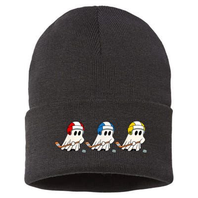 Cute Halloween Trick Or Treat Hockey Cute Ghost Funny Ice Hockey Gift Sustainable Knit Beanie