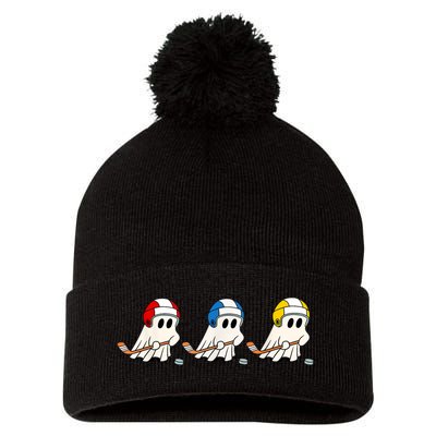 Cute Halloween Trick Or Treat Hockey Cute Ghost Funny Ice Hockey Gift Pom Pom 12in Knit Beanie