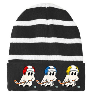 Cute Halloween Trick Or Treat Hockey Cute Ghost Funny Ice Hockey Gift Striped Beanie with Solid Band