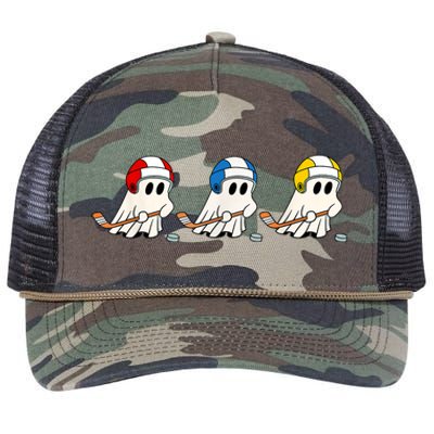 Cute Halloween Trick Or Treat Hockey Cute Ghost Funny Ice Hockey Gift Retro Rope Trucker Hat Cap