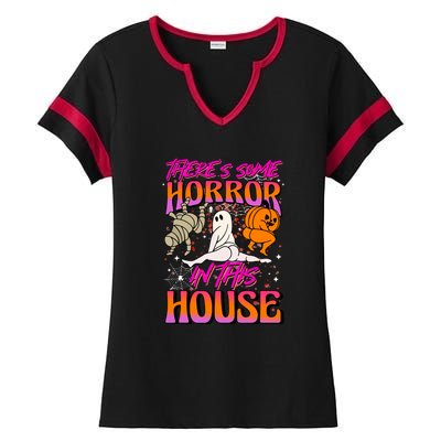 Cute Halloween Theres Some Horrors In This House Ghost Pumpkin Gift  Ladies Halftime Notch Neck Tee