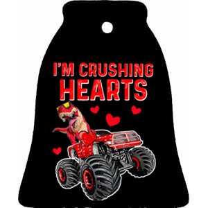 Crush Hearts T Rex Monster Truck Boy Valentines Day Ceramic Bell Ornament