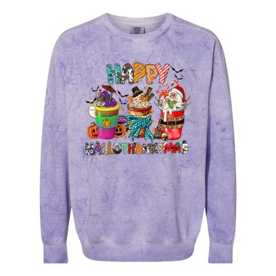 Coffee Halloween Thanksgiving Christmas Happy Hallothanksmas Gift Colorblast Crewneck Sweatshirt