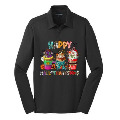 Coffee Halloween Thanksgiving Christmas Happy Hallothanksmas Gift Silk Touch Performance Long Sleeve Polo