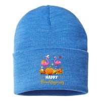 Cool Happy Thanksgiving Flamingo Ing Wine Lover Funny Gift Sustainable Knit Beanie