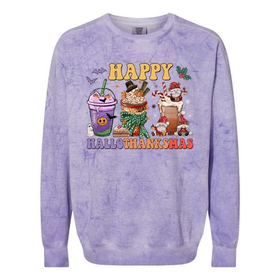 Coffee Halloween Thanksgiving Christmas Happy Hallothanksmas Gift Colorblast Crewneck Sweatshirt