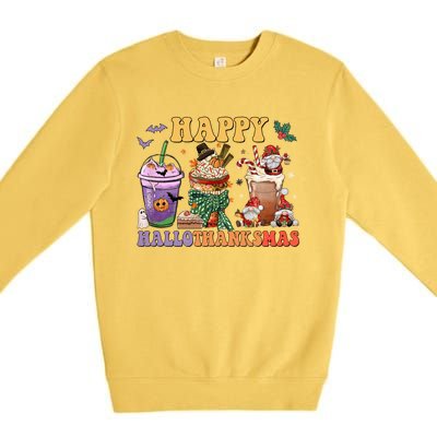 Coffee Halloween Thanksgiving Christmas Happy Hallothanksmas Gift Premium Crewneck Sweatshirt