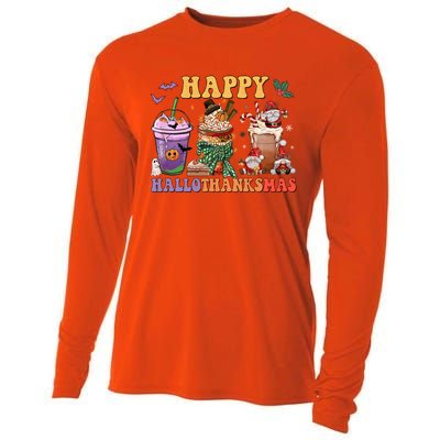 Coffee Halloween Thanksgiving Christmas Happy Hallothanksmas Gift Cooling Performance Long Sleeve Crew